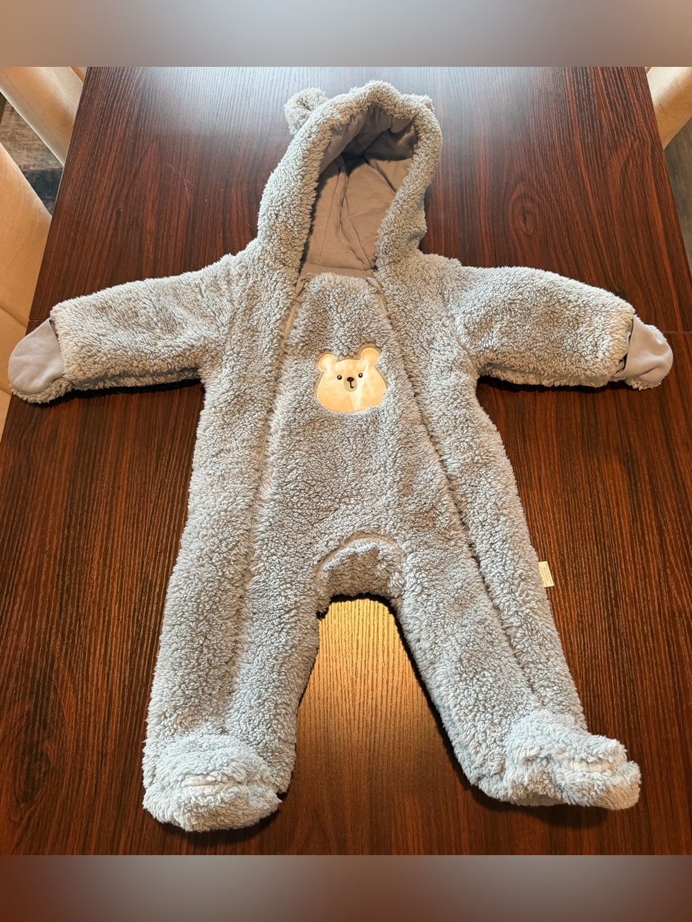 Baby Snowsuit Cozy Dusty Blue One-Piece Bear Hooded Fleece Size 6-9 Month